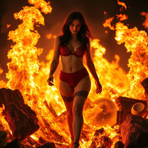 Beautiful woman in red lacy underwear walking through roaring flame - JFL.jpg