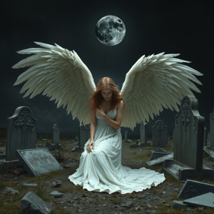 Beautiful female angel on her knees in abandoned cemetery under black moon.jpg