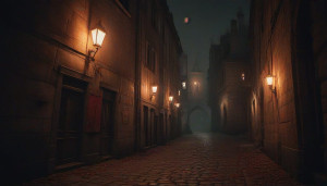 Narrow street in old Paris at night.jpg