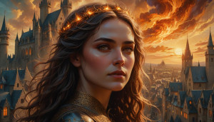 Fiery face of a beautiful woman in the sky over medieval city.jpg