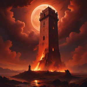 Giant burning tower under blood moon.jpg