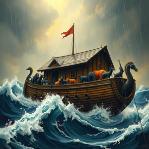 Noah's Ark in the roaring sea under heavy rain.jpg