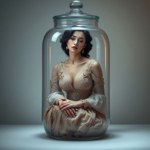 Beautiful woman sitting inside glass jar.jpg
