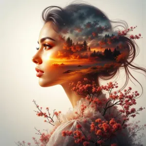 Göttin Silhouette Doppelbelichtung bei Sonnenuntergang.webp