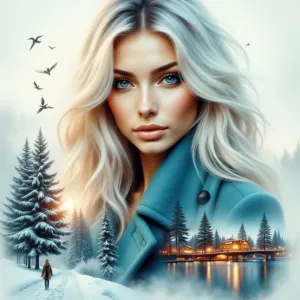 Ätherisches Doppelbelichtungsporträt einer Frau im Winter.webp