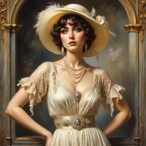 Elegantes Art-Deco-Porträt einer Frau im Satinkleid.webp
