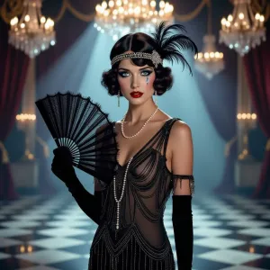A flapper in a beaded black dress in a classy bar.webp