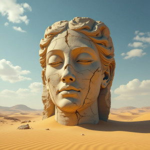 Giant woman's head made of stone in the desert under scorching sun.jpg