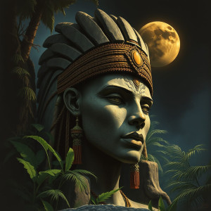 Giant woman's head made of stone in African jungle under Black Moon.jpg