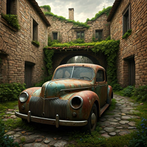 Abandoned vintage car in decrepit village - GIF.jpg