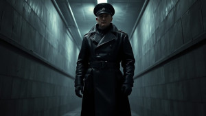 Soviet commissar in black leather coat in the cellar.jpg