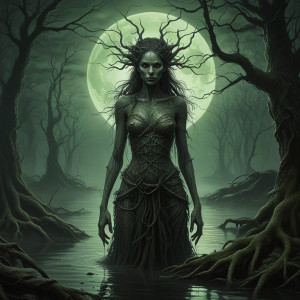 Evil-looking swamp lady under full round green moon.jpg