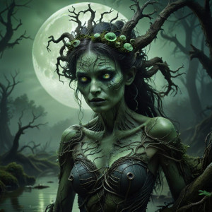 Evil-looking swamp lady under full round green moon - АXL.jpg