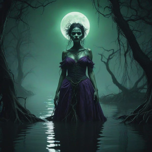 Evil-looking swamp lady under full round green moon - МXL.jpg