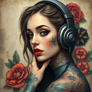Tattooed Girl Whit Headphone Poster.webp
