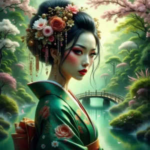 Ätherische asiatische Frau in einem mystischen Wald.webp