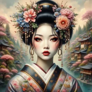 Geisha in Traumlandschaft. Öl und Aquarell.webp