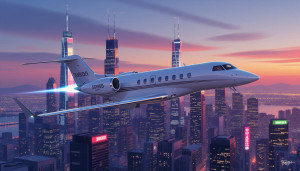 Business jet flying over modern city.jpg