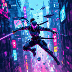 A cyborg ninja gracefully leaps across a neon-lit cityscape.jpg
