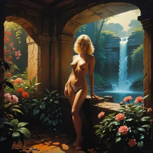 Naked in ruins near waterfall.webp