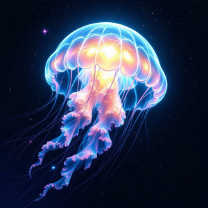 A colossal, bioluminescent jellyfish drifts serenely.jpg