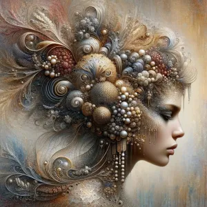 Opulentes Frauenprofilporträt mit metallischen Texturen.webp