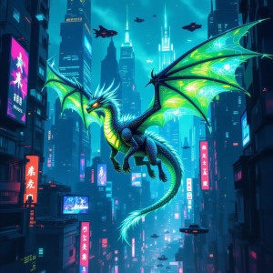 A bioluminescent dragon soars through a cyberpunk city.jpg