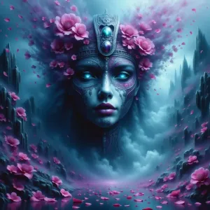 Turquoise and Purple Mask in Fantasy Painting.webp