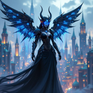 Beautiful surreal demoness robot in magical city.jpg
