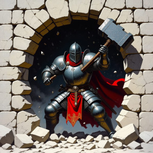Medieval knight breaks through the wall with a giant hammer.jpg