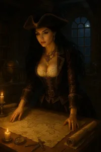 Female Pirate Looking Through Old Maps V2.webp