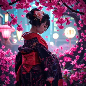 Geisha in kimono and pink flowers.webp