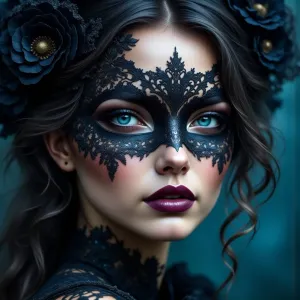 Woman in Ornate Mask with Piercing Blue Eyes.webp
