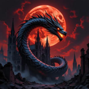 A biomechanical dragon coiled around a ruined gothic cathedral.jpg