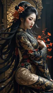 Geisha in golden threads.webp
