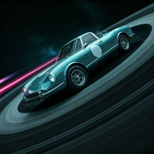 Vintage sports car race on Saturn rings in deep space - G32.jpg