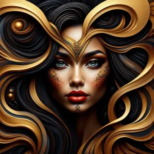 The focus is on her face, highlighted by her detailed eyes and red lips.webp