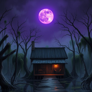 Haunted cabin in Louisiana swamp under full round purple moon.jpg