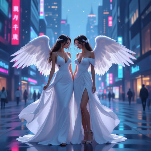Two beautiful female angels of love in modern city.jpg