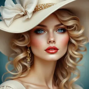 Elegant woman with white hat, digital portrait.webp