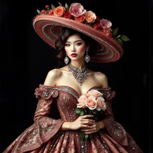 Elegant Asian Woman in Opulent Gown in Art Nouveau Style.webp