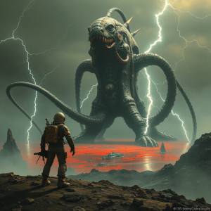 A lone astronaut gazes up at a colossal biomechanical kraken - JFL.jpg