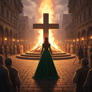 Beautiful medieval woman walks towards the cross.jpg