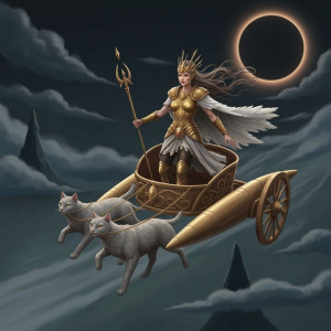 Goddess Freyja rides her chariot in the sky under Black Sun.jpg