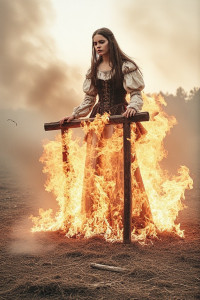 Beautiful medieval woman stands on the burning scaffold.jpg