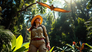 Lady and flying cryptid in the jungle.jpg