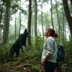 Beautiful female cryptozoologist stands and Jersey Devil.jpg