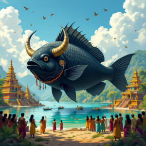 a giant black fish with an oxlike head.jpg