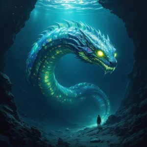 A colossal, serpentine creature with bioluminescent scales.jpg