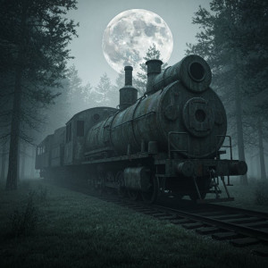 Decaying abandoned train in misty haunted forest under full moon.jpg